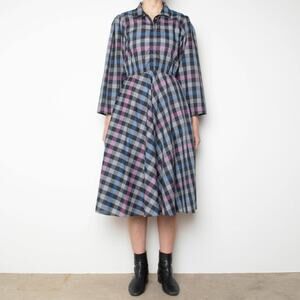 Vintage 1970s Plaid Cotton Lightweight Midi Long Sleeve ShirtDress Size S